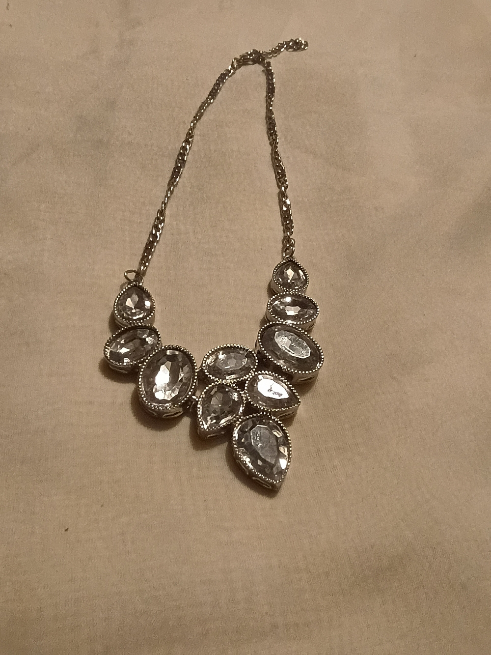 Silver Crystal Teardrop Statement Necklace - Clear Stones